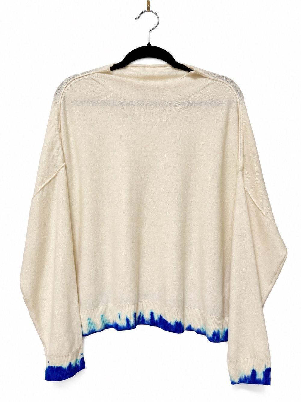 Anthroplogie Pilcro Cream Coastal Sweater with Blue Tie-Dye Hem 100% Cashmere